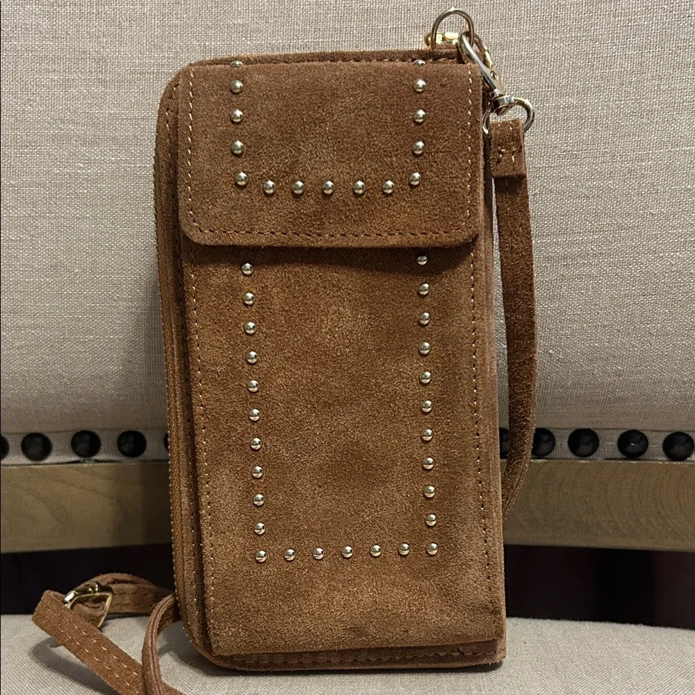 Brown Suede Coastal Cowgirl Studded Wallet with Shoulder Strap